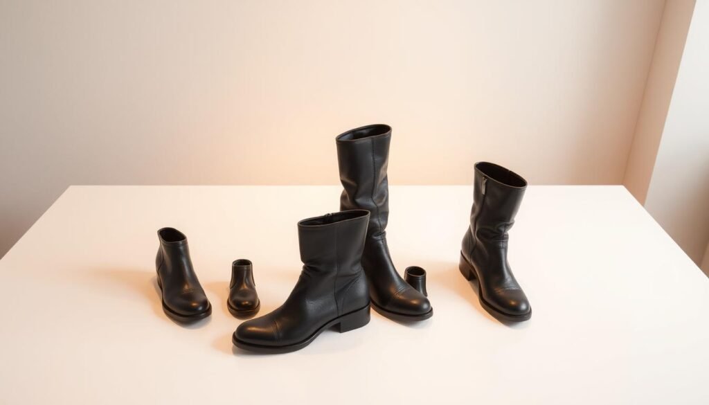 A pristine white table, its polished surface reflecting the soft warm lighting above. Atop it, a sleek pair of Chanel leather boots in various sizes, meticulously arranged to showcase their elegant silhouette and premium craftsmanship. The boots are presented against a clean, minimalist background, allowing their timeless design to take center stage. The lighting casts gentle shadows, highlighting the boots' contours and textures, creating a sense of depth and dimensionality. The overall composition is balanced and visually appealing, inviting the viewer to closely examine the sizing guide and envision themselves in the perfect pair of Chanel boots.