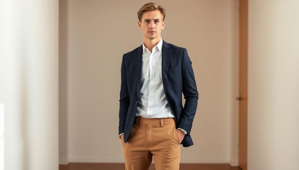 A professional business casual outfit featuring a crisp white cotton shirt, a navy blue slim-fit blazer with subtle patterns, and a pair of tailored khaki trousers. The model is standing in a modern, minimalist office setting with a warm, soft lighting that highlights the natural textures of the fabrics. The backdrop is a simple white wall, creating a clean, elegant, and polished aesthetic. The overall mood is one of understated sophistication and effortless style, perfectly capturing the "Elevated Office Appropriations" theme.