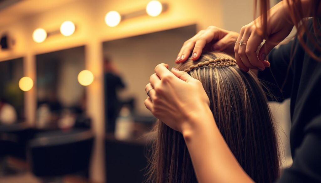 A professional salon setting with a hairstylist carefully installing Natural Beaded Row hair extensions on a client's head. Warm, diffused lighting illuminates the scene, casting a soft glow on the stylist's skilled hands as they meticulously weave the beaded wefts into the client's natural tresses. The client's face is out of frame, allowing the focus to remain on the intricate process unfolding. The background is blurred, emphasizing the intimate, detailed nature of the NBR installation. The overall atmosphere conveys the precision, care, and expertise required to seamlessly integrate the extensions into the client's hair.
