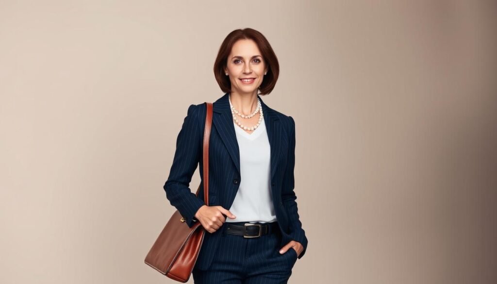A professional woman in a well-tailored navy blue pantsuit, standing confidently against a neutral, softly lit backdrop. The suit's subtle pinstripes and expertly fitted silhouette convey an air of authority and sophistication. Her accessories - a string of pearls, a leather briefcase, and a pair of sleek loafers - complement the ensemble, creating a polished, executive-level look. Soft, diffused lighting from the side gently illuminates her face, giving it a warm, approachable glow. The overall scene exudes an atmosphere of competence, poise, and timeless style - the epitome of refined professionalism.