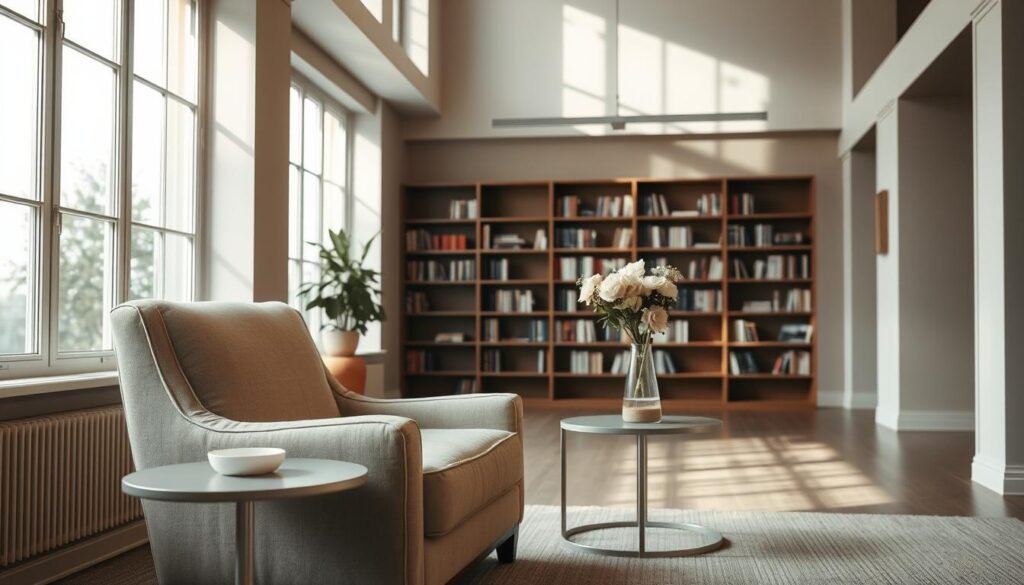 A relaxed yet refined setting with diffused natural lighting filtering through large windows. In the foreground, a plush armchair upholstered in soft, muted tones invites one to sink in and unwind. A sleek, minimalist side table stands nearby, adorned with a single vase of fresh flowers. In the middle ground, bookshelves line the walls, their contents hinting at a cultivated, intellectual sensibility. The background features high ceilings and neutral, earthy tones that create a sense of calm and serenity. The overall atmosphere evokes a casual elegance, where comfort and sophistication seamlessly blend.