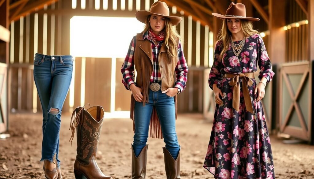 A rustic barn backdrop, warm lighting casting a golden glow. In the foreground, a collection of versatile rodeo ensembles - denim jeans paired with embroidered cowgirl boots, a fringed leather vest layered over a plaid shirt, and a flowing floral dress cinched at the waist with a wide leather belt. Accessories like wide-brimmed hats, bandanas, and silver jewelry add the perfect finishing touches. The mix of textures, patterns, and rodeo-inspired details creates a harmonious, stylish display of rodeo-ready outfits.