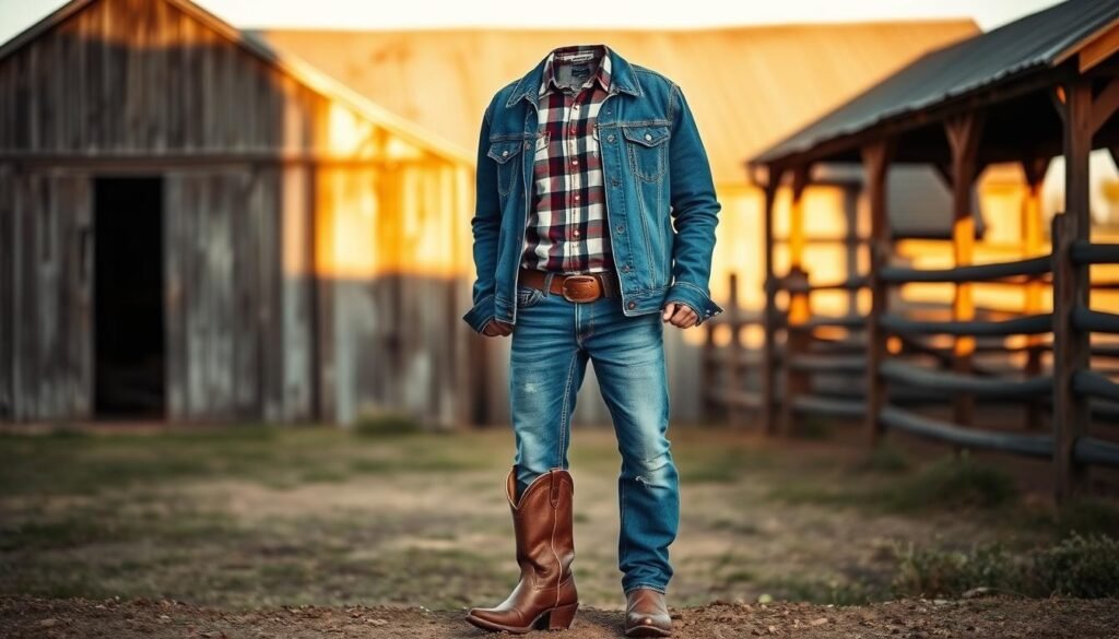 A rustic yet stylish rodeo outfit set against a warm, golden-hour backdrop. In the foreground, a practical but fashionable ensemble - a fitted denim jacket, a plaid button-up, and distressed straight-leg jeans. In the middle ground, a pair of well-worn leather cowboy boots, scuffed but sturdy. The background features an old, weathered barn with a wooden fence, casting long shadows across the scene. Soft, diffused lighting creates a cozy, inviting atmosphere, highlighting the outfit's earthy tones and textures. The overall look conveys an effortless, budget-friendly take on classic rodeo style.