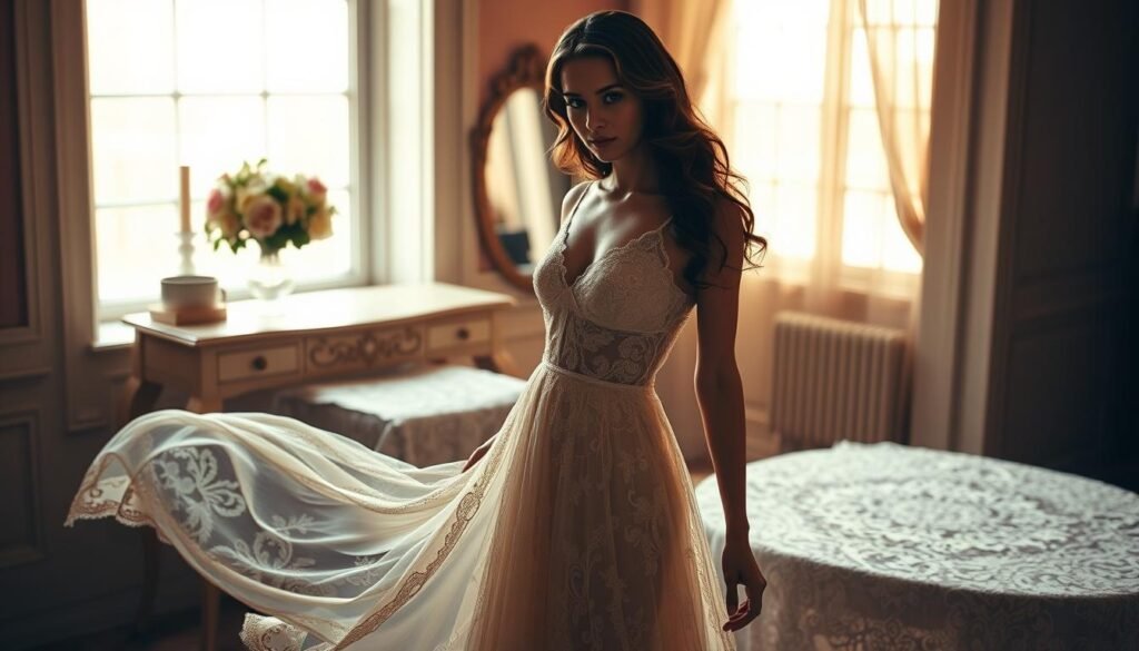 A serene and refined fashion scene featuring exquisite lace details. In the foreground, a graceful model poses in a flowing lace gown, the delicate pattern casting elegant shadows across her figure. The middle ground showcases a well-appointed vanity, adorned with an ornate lace table runner and a vase of fresh flowers. Warm, soft lighting from a large window bathes the scene in a gentle glow, creating an atmosphere of timeless sophistication. The background hints at a luxurious interior, with subtle textures and muted tones complementing the lace motif. Captured with a medium-format lens for a depth of field that draws the eye to the central subject. Classy Outfit
