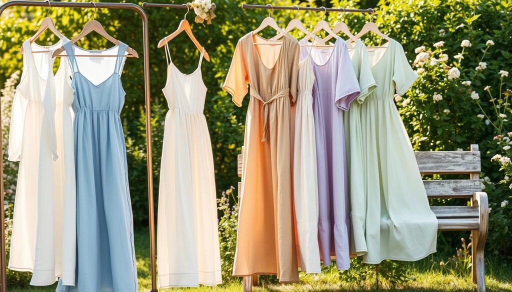 A serene summer scene featuring a graceful collection of linen and cotton dresses in a range of soft, natural hues. The dresses sway gently in a warm, gentle breeze, their delicate fabrics catching the golden afternoon light. In the foreground, a trio of dresses in crisp white, soft blue, and earthy beige are displayed on a vintage-inspired wrought iron rack, inviting the viewer to imagine them gently caressing the skin on a balmy summer day. In the middle ground, additional dresses in pastel pink, lavender, and sage green are casually draped over a weathered wooden bench, their flowing silhouettes and airy textures evoking a sense of effortless elegance. The background features a verdant garden backdrop, with lush foliage and the gentle blossoms of summer flowers, creating a serene and tranquil atmosphere. Prompt