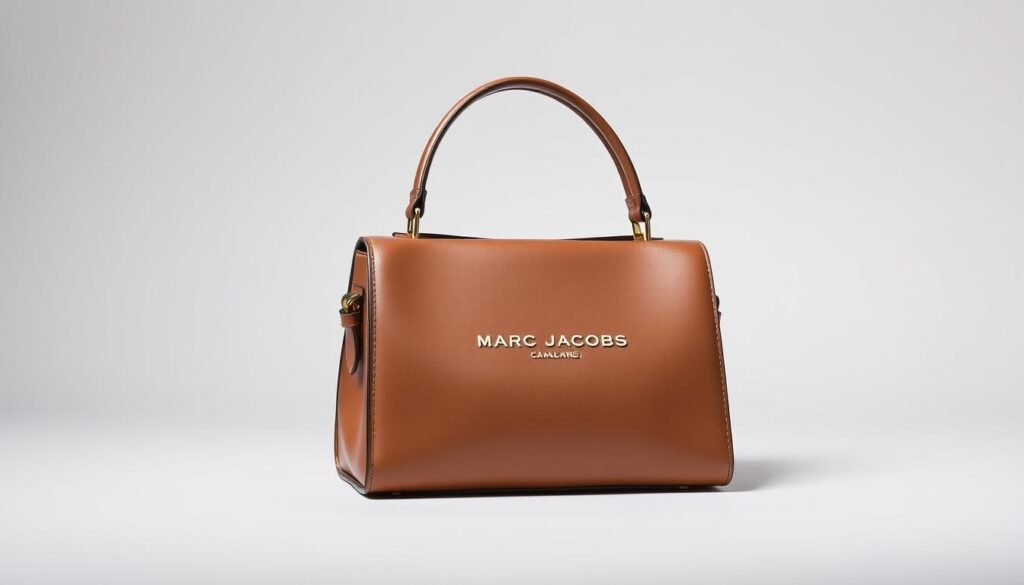 A sleek and iconic Marc Jacobs box bag, captured in a stylish photoshoot against a clean, minimalist backdrop. The bag's supple leather exterior, sharp edges, and polished hardware gleam under the perfect lighting, highlighting its timeless design. The midground showcases the bag's elegant silhouette and balanced proportions, while the soft, diffused background creates an air of sophistication. The overall composition emphasizes the bag's striking visual appeal, making it the undisputed focal point. This image perfectly encapsulates the bag's ability to seamlessly transition from trendy to timeless, reflecting its enduring appeal and versatility.