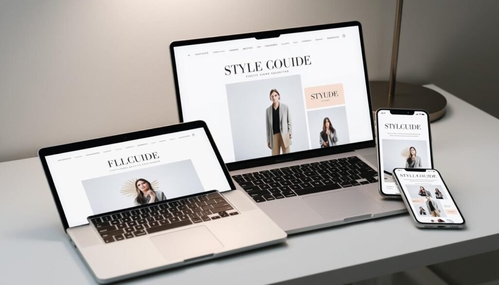 A sleek, modern digital style guide displayed on various electronic devices, including a laptop, tablet, and smartphone. The devices are arranged on a clean, minimalist desk with a muted color palette, such as grays, whites, and light blues. The style guide features elegant typography, harmonious color schemes, and carefully curated imagery, conveying a sense of sophistication and attention to detail. Soft, diffused lighting illuminates the scene, creating a serene and inviting atmosphere. The overall composition emphasizes the accessibility and versatility of the digital style guide, showcasing how it can be seamlessly integrated into a contemporary lifestyle.