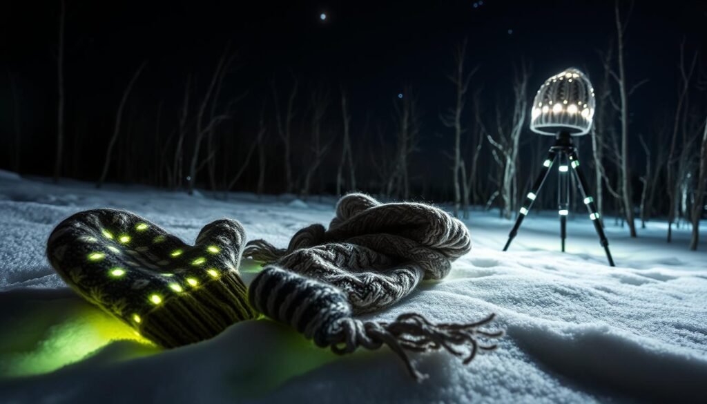 A snowy winter night, the air crisp and still. In the foreground, a pair of woolen mittens, their surface dotted with bioluminescent fibers that glow faintly, casting a warm, ethereal light. Beside them, a scarf of the same material, its intricate pattern woven with threads that shimmer and pulse. In the middle ground, a cozy knit hat sits atop a tripod, its brim lined with tiny LED lights that flicker and dance, illuminating the scene. In the background, a sparse forest of bare, skeletal trees, their branches reaching up towards a velvety black sky, sprinkled with distant stars. The overall mood is one of enchantment and wonder, a magical winter landscape that blends the natural and the technological in a captivating display of illuminated accessories.