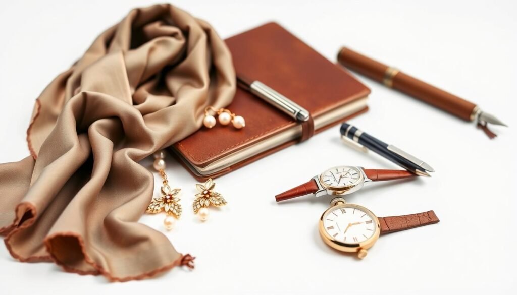 A sophisticated arrangement of senior fashion accessories, elegantly displayed on a crisp white background. In the foreground, a luxurious silk scarf in a muted floral pattern cascades over a pair of pearl-encrusted, golden-toned statement earrings. In the middle ground, a leather-bound agenda and a well-worn yet distinguished fountain pen rest alongside a delicate wristwatch with a Roman numeral face. The background is softly illuminated, highlighting the warm tones and timeless materials of the accessories, conveying a sense of refined elegance and intentional style.