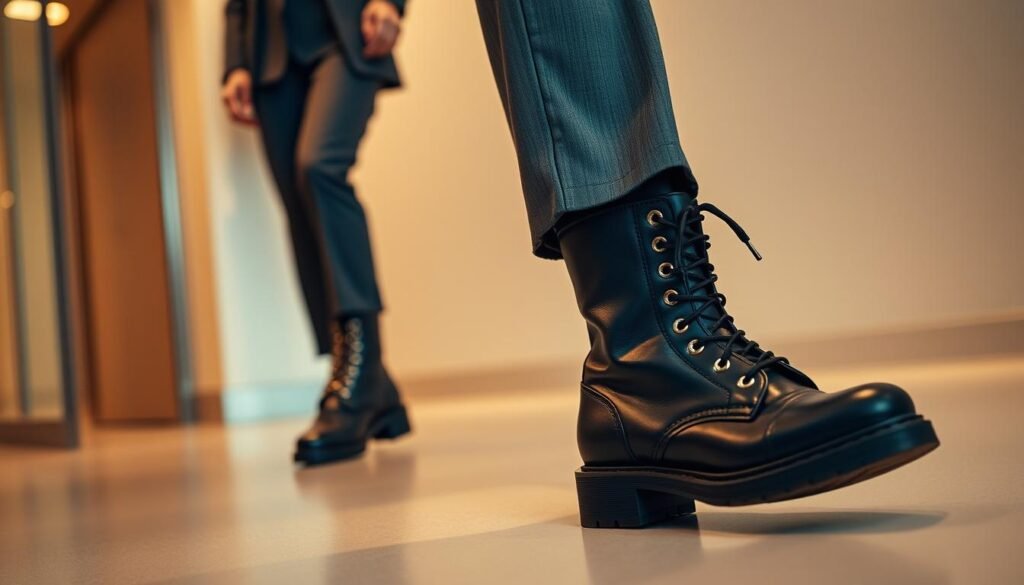 A sophisticated business woman strides confidently, her Chanel combat boots adding an edge to her elegant attire. The outfit, a tailored suit in a muted color palette, exudes professional poise. Soft, indirect lighting casts a warm glow, highlighting the intricate details of the boots - their sturdy leather construction, polished hardware, and subtle branding. The scene is captured from a mid-level angle, emphasizing the confident posture of the subject as she navigates the modern office environment, seamlessly blending high fashion and practicality.