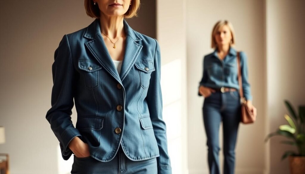 A sophisticated denim ensemble for mature women, captured in a natural, well-lit indoor setting. In the foreground, a tailored denim blazer with subtle metallic buttons and a slimming silhouette. In the middle ground, a pair of dark-wash, high-waisted denim trousers that elegantly cinch at the waist. The model's accessories include a delicate gold pendant necklace and a structured leather handbag. The lighting is soft and diffused, creating a warm, inviting atmosphere. The camera angle is slightly elevated, highlighting the model's confident, poised stance. Overall, the image conveys a sense of timeless, effortless style that transcends age.