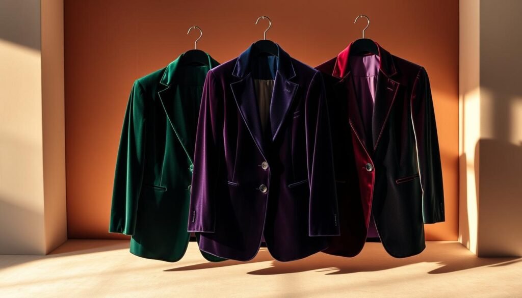 A sophisticated lineup of jewel-toned velvet blazers, draped elegantly against a luxurious backdrop. The blazers, in rich emerald, sapphire, and amethyst hues, feature sharp tailoring and lustrous sheen, exuding an air of confident power dressing. Soft lighting casts a warm glow, highlighting the sumptuous texture of the velvet. The blazers are positioned in a minimalist setting, allowing their striking colors and luxurious quality to take center stage. Shadows and highlights sculpt the forms, creating depth and dimension. The overall mood is one of refined elegance and after-dark glamour, perfect for inspiring stylish evening attire.