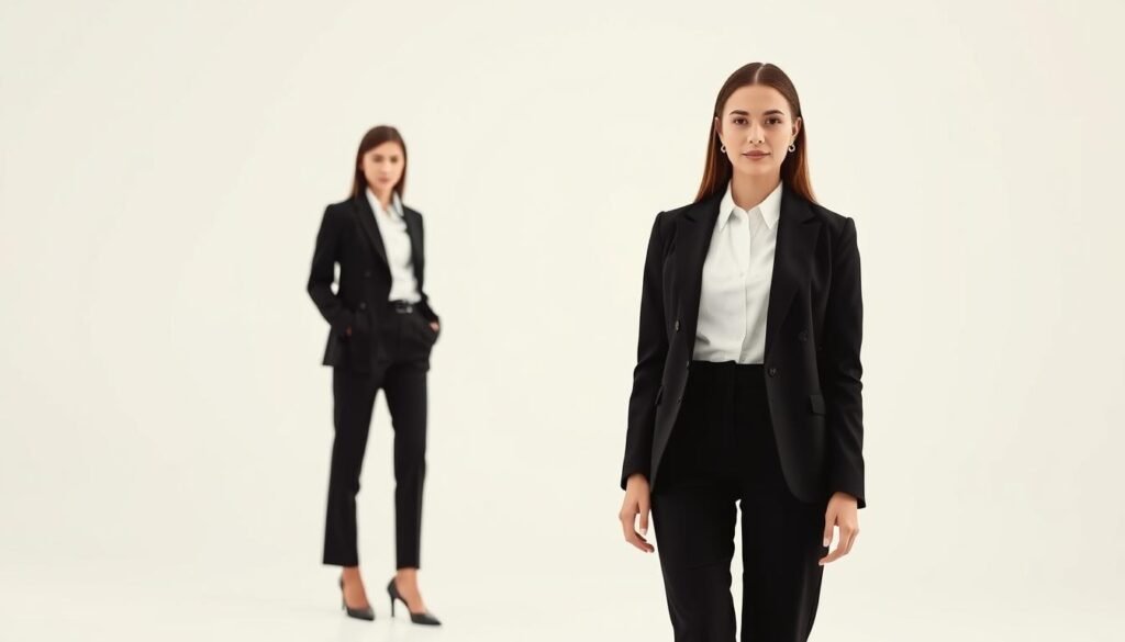 A sophisticated woman stands elegantly in a timeless black and white outfit. In the foreground, a sleek, tailored black blazer with sharp shoulders frames her silhouette, contrasted by a crisp white blouse with a delicate collar. The middle ground features a high-waisted, ankle-grazing black trouser, accentuating her long, lean legs. Subtle silver jewelry adds a touch of refinement. The background is a minimalist, light-filled studio setting, emphasizing the striking monochrome ensemble. Soft, directional lighting casts subtle shadows, highlighting the clean lines and creating an air of effortless sophistication. This versatile black and white look exemplifies the enduring style and versatility of a classic color palette.