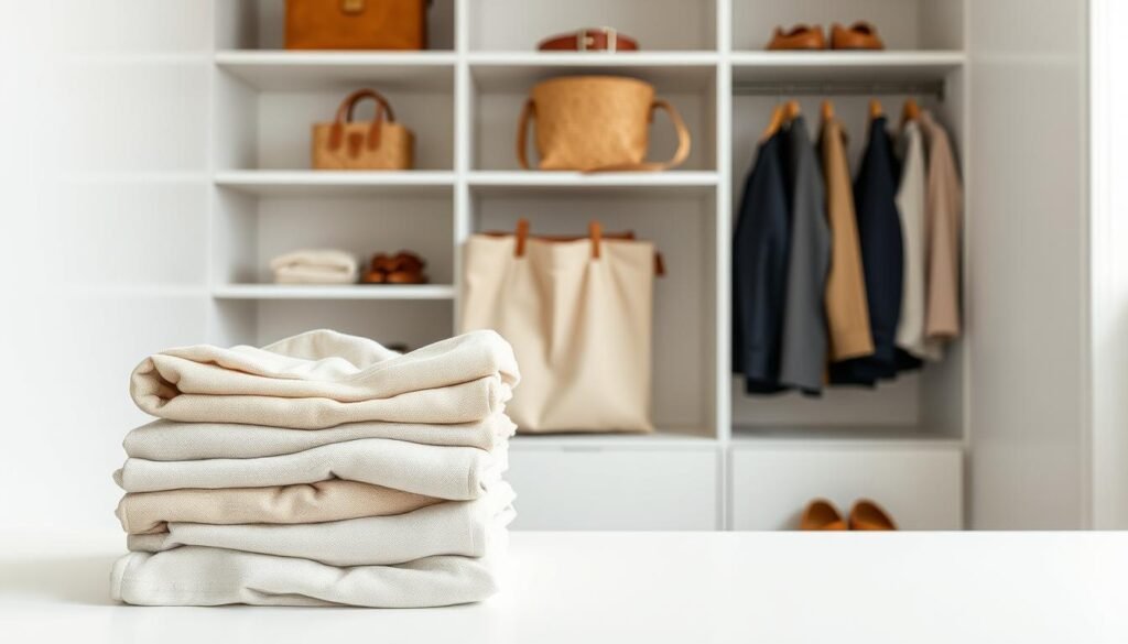 A spacious, well-organized closet showcasing sustainable fashion choices. In the foreground, a neatly folded stack of high-quality, natural fiber clothing items like a linen shirt, a wool sweater, and a pair of organic cotton trousers. In the middle ground, a set of wooden hangers holding a few versatile, mix-and-match garments. The background features shelves displaying carefully curated accessories like a bamboo tote bag, a cork belt, and a pair of vegan leather loafers. Soft, diffused lighting creates a serene, minimalist atmosphere, emphasizing the benefits of a pared-down, environmentally-conscious wardrobe.
