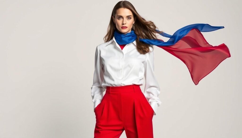 A striking fashion model stands confidently in a meticulously tailored outfit featuring the iconic colors of the American flag. The top is a crisp, tailored white blouse with a subtly flared silhouette, paired with high-waisted, wide-leg red trousers that flow gracefully. A flowing blue chiffon scarf is artfully draped around the model's neck, catching the light and creating an elegant, patriotic statement. The lighting is soft and flattering, with a gentle spotlight illuminating the model's features and accentuating the rich tones of the outfit. The background is a minimalist, studio-style setting, allowing the striking visual impact of the red, white, and blue ensemble to take center stage.