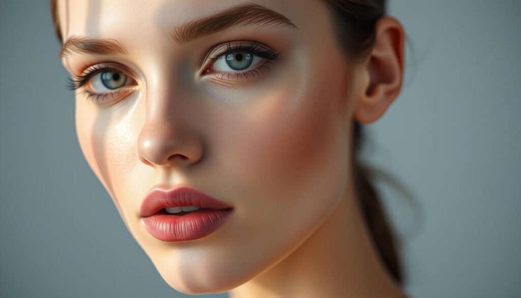 A striking monochromatic makeup look, showcasing a model's flawless complexion under soft, diffused lighting. Delicate contouring defines the cheekbones, while a matte, neutral eyeshadow palette lends a subtle, sophisticated allure. The lips are painted in a muted mauve shade, creating a cohesive, harmonious appearance. The overall aesthetic is minimalist yet captivating, with a focus on enhancing natural features. The model's gaze is serene and introspective, conveying a sense of effortless elegance. A medium close-up shot, shot with a 50mm lens, offers an intimate and compelling view of this monochromatic muse.