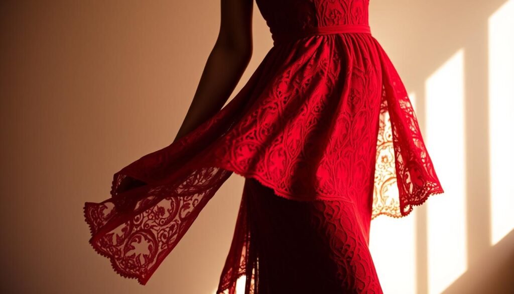 A stunning red lace dress, its intricate pattern casting a delicate shadow on the model's graceful figure. The dress flows effortlessly, accentuating the curves and highlighting the wearer's unique body shape. Soft, natural lighting casts a warm, romantic glow, creating a sense of intimacy and elegance. The background is subtly blurred, placing the focus on the dress and the model, who stands confidently, exuding confidence and poise. The overall mood is one of timeless beauty and refined style, perfectly capturing the essence of the "Choosing the Perfect Red Lace Outfit for Your Body Type" section.
