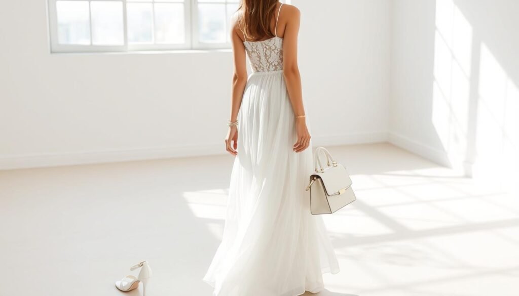 A stunning white outfit adorned with chic accessories, captured in a soft, natural light. In the foreground, a sleeveless, floor-length dress with a delicate lace overlay flows gracefully. The middle ground features a pair of strappy white heels, complemented by a matching leather handbag with subtle gold hardware. In the background, a minimalist, airy setting with white walls and a large window, allowing the natural light to cascade over the ensemble, creating a sense of elegance and refinement. The overall mood is one of understated sophistication, where the clean, crisp white palette and carefully curated accessories come together to form a visually captivating and harmonious composition.
