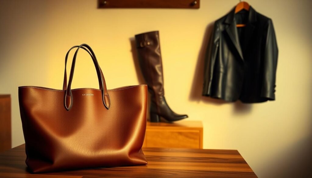 A stylish and chic casual elegant outfit featuring a well-curated selection of leather accessories. In the foreground, a high-quality leather tote bag in a deep, rich color sits on a wooden table, its sleek lines and subtle stitching catching the warm, diffused lighting. In the middle ground, a pair of knee-high leather boots with a modest block heel stands upright, their supple texture and polished finish reflecting the mood. In the background, a tailored leather jacket hangs on a wooden coat rack, its clean silhouette and subtle hardware elevating the overall look. The scene exudes a sense of effortless sophistication and timeless style.