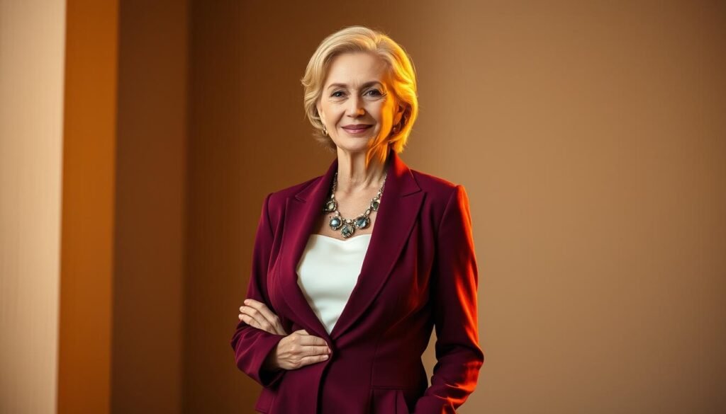 A stylish, confident woman in her 50s stands gracefully, her posture conveying a sense of poise and self-assurance. Her attire reflects a refined, timeless elegance - a tailored pantsuit in a rich, jewel-toned hue accentuates her figure, while delicate accessories, such as a statement necklace and minimal earrings, add a touch of sophistication. The lighting is warm and flattering, casting a soft glow that enhances her features and creates a sense of depth and dimension. The background is subtly blurred, allowing the subject to take center stage and embodying the idea of "embracing style evolution after 50" - a testament to the power of self-expression and confidence at any age.