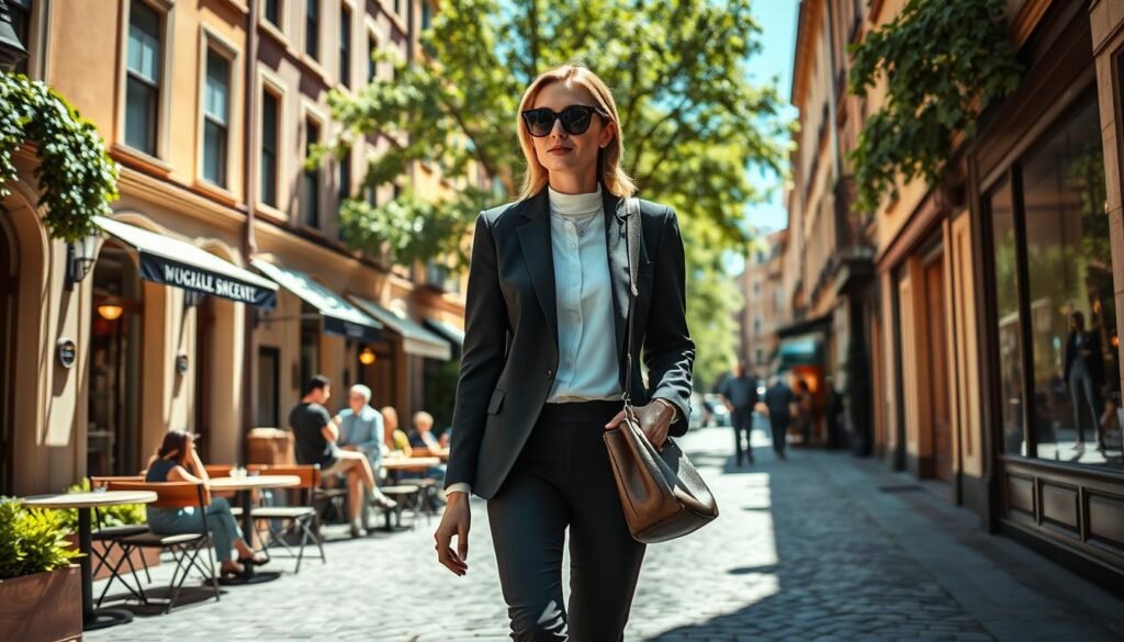 A stylish fashion editor strolling through a chic, sun-dappled city street. Foreground: The editor wearing a tailored blazer, crisp white shirt, and slim-fit black trousers, accessorized with oversized statement sunglasses and a sleek leather tote bag. Middle ground: Elegant cafes and boutiques lining the cobblestone sidewalks, people casually sipping coffee or browsing window displays. Background: Quaint, historic buildings in warm, earthy tones, with lush greenery and a vibrant, vibrant blue sky above. Soft, diffused natural lighting illuminates the scene, creating a sophisticated, aspirational atmosphere.