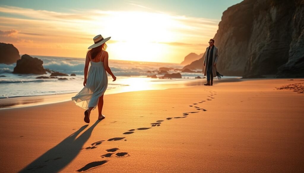A stylish figure strolling along a sun-dappled winter beach, transitioning from breezy beachwear to a chic, layered ensemble. In the foreground, a model confidently steps forward, wearing a flowy sundress and wide-brimmed hat, their footsteps leaving prints in the damp sand. The middle ground reveals a stunning oceanfront backdrop, with crashing waves, rocky cliffs, and a vibrant sunset sky. As the figure moves closer, their outfit transforms, adding a tailored coat, knit scarf, and leather boots, ready to venture from the shore to a cozy oceanfront dining experience. Warm, natural lighting bathes the scene, capturing the effortless transition from beach to city.