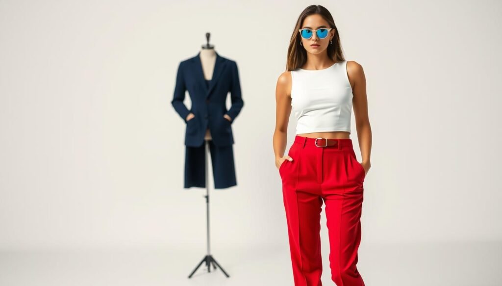 A stylish individual models a trendy outfit combining vibrant, patriotic hues. In the foreground, they wear a form-fitting sleeveless top in crisp white, paired with high-waisted, crimson red trousers that elegantly drape. The middle ground showcases a well-tailored navy blue blazer, its lapels sharp and defined. Subtle hints of blue are present in the accessories, such as a thin leather belt and chic sunglasses with azure lenses. The background is a minimalist studio setting, with soft, diffused lighting highlighting the ensemble's colors and textures. The overall mood is one of effortless sophistication, capturing the essence of a balanced, patriotic-inspired fashion statement.