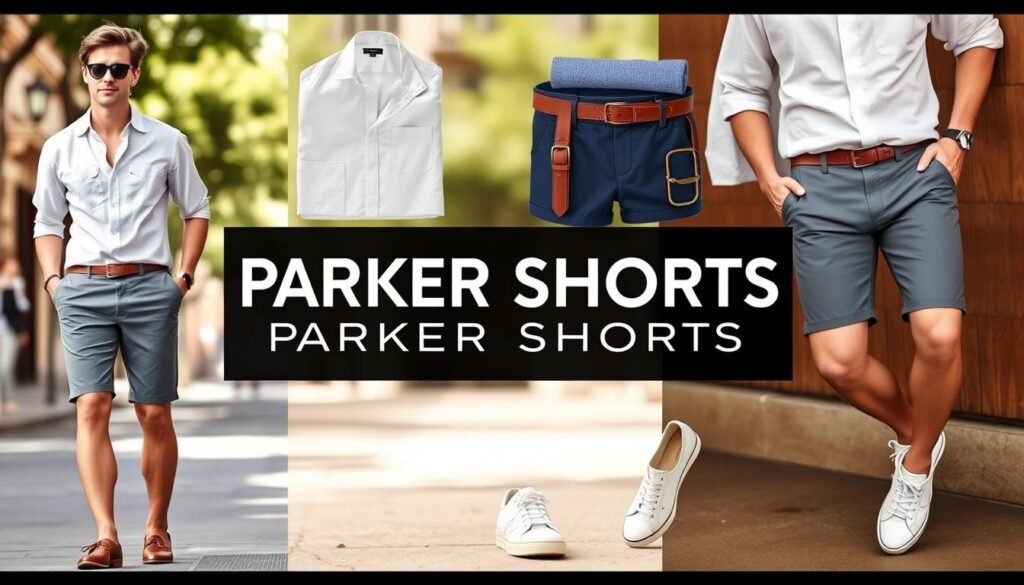 A stylish individual wearing a well-fitted pair of Parker shorts, styled in a variety of ways to showcase their versatility. In the foreground, the model poses casually, showcasing the shorts' clean lines and flattering fit. The middle ground features an assortment of accessories, such as a crisp white button-down shirt, a leather belt, and a pair of pristine sneakers, demonstrating how the shorts can be dressed up or down. The background sets the scene, with a warm, summery atmosphere, perhaps a city street or a lush, green park, conveying the casual, yet elevated, nature of the Parker shorts. The lighting is natural and soft, accentuating the texture of the fabrics and the model's confident pose. The overall image exudes a sense of effortless style, highlighting the Parker shorts as the ultimate summer essential.