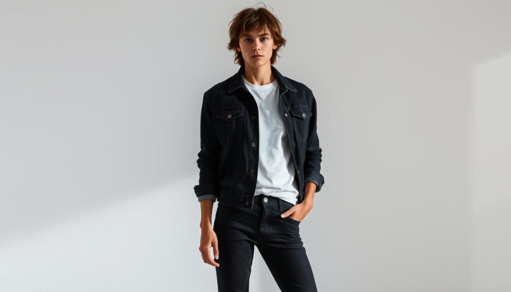 A stylish model poses in a sleek black denim jacket and matching skinny jeans, illuminated by soft, directional lighting that casts subtle shadows and highlights the fabric textures. The mid-length jacket is casually unbuttoned, revealing a simple white tee underneath. The model's hair is tousled, and they stand in a natural, relaxed stance, creating an effortlessly cool and contemporary vibe. The background is a minimalist setting, allowing the focus to remain on the essential black jeans and denim jacket ensemble.