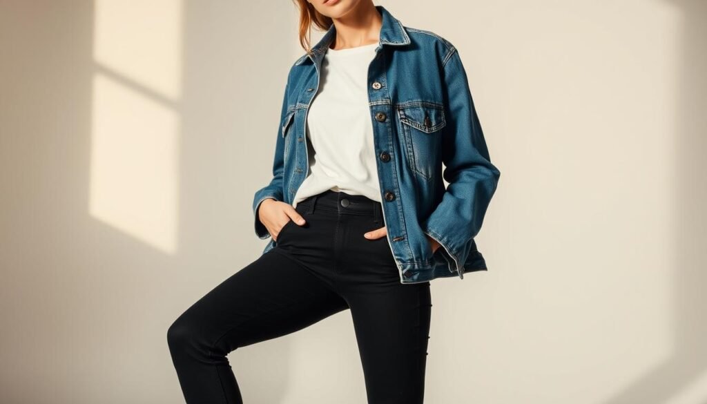 A stylish model wearing a perfectly fitted pair of sleek black jeans, complemented by a timeless denim jacket in a medium blue wash. The lighting is soft and natural, casting a warm glow that highlights the textures of the fabrics. The composition places the model in a simple, minimalist setting, allowing the focus to remain on the effortless elegance of the jean-on-jean ensemble. The mood is one of casual sophistication, showcasing how this classic combination can create a timeless, versatile look.