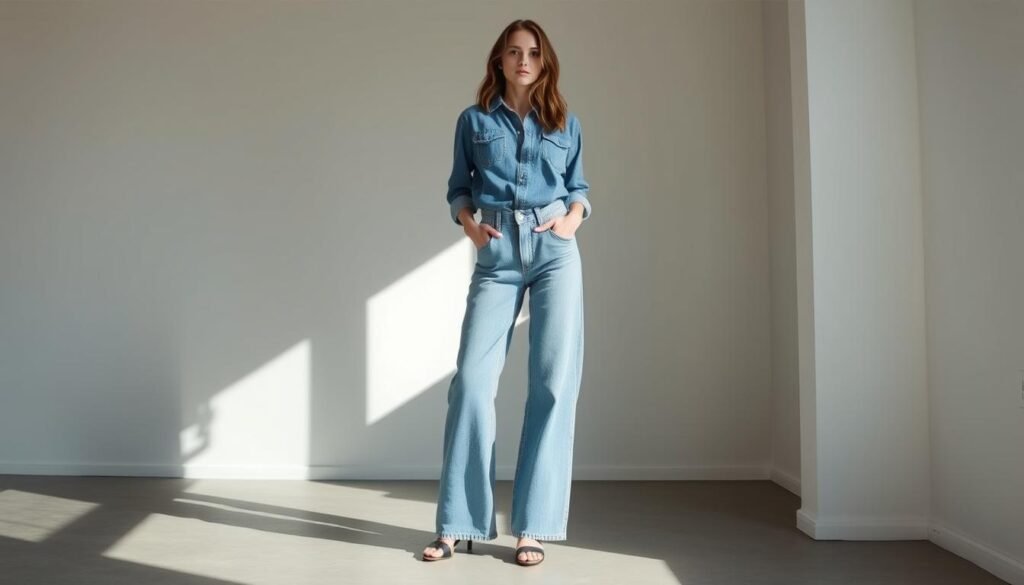 A stylish model wearing wide-leg jeans stands confidently in a modern, minimalist setting. The jeans have a relaxed, flowing silhouette, accentuating the model's long, slender legs. The lighting is soft and natural, casting gentle shadows that highlight the texture and drape of the denim. The background is a simple, uncluttered space, allowing the focus to remain on the jeans and the model's overall look. The atmosphere conveys a sense of effortless cool and current fashion trends.