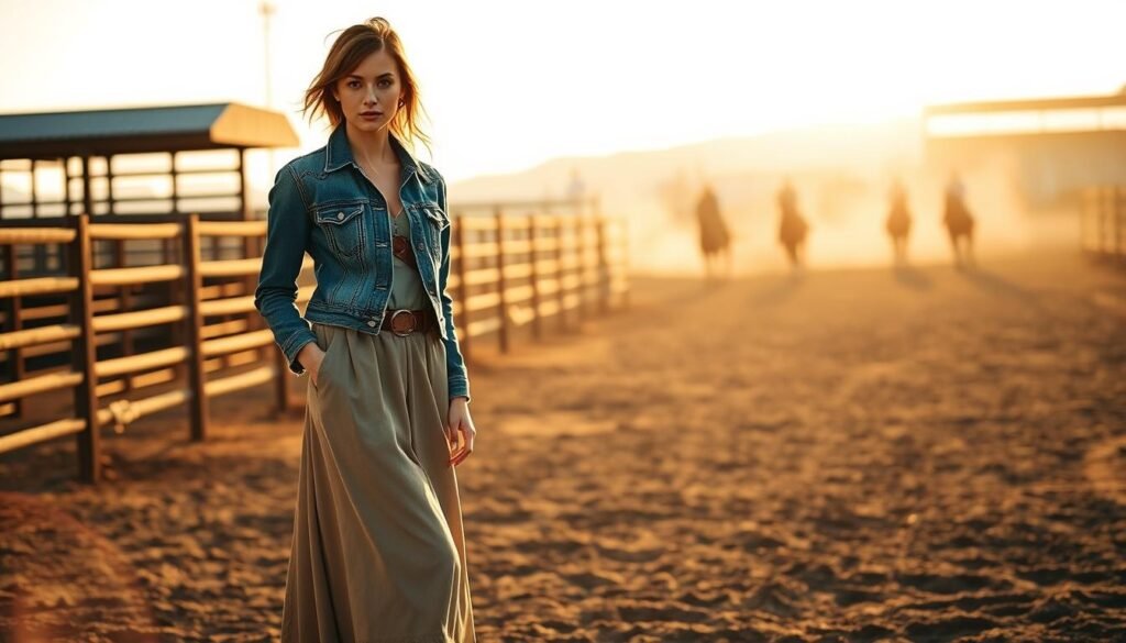 A stylish rodeo scene, bathed in warm, golden light. In the foreground, a fashionable female model stands confidently, wearing a tailored denim jacket paired with a flowing maxi skirt and leather cowboy boots. Her hair is artfully tousled, and her makeup is effortlessly chic. The middle ground features a backdrop of rustic wooden fences and a dusty arena, hinting at the traditional rodeo setting. In the distance, the silhouettes of galloping horses and the faint outline of a grandstand create a sense of energy and excitement. The overall atmosphere evokes a modern, high-fashion interpretation of classic rodeo style.