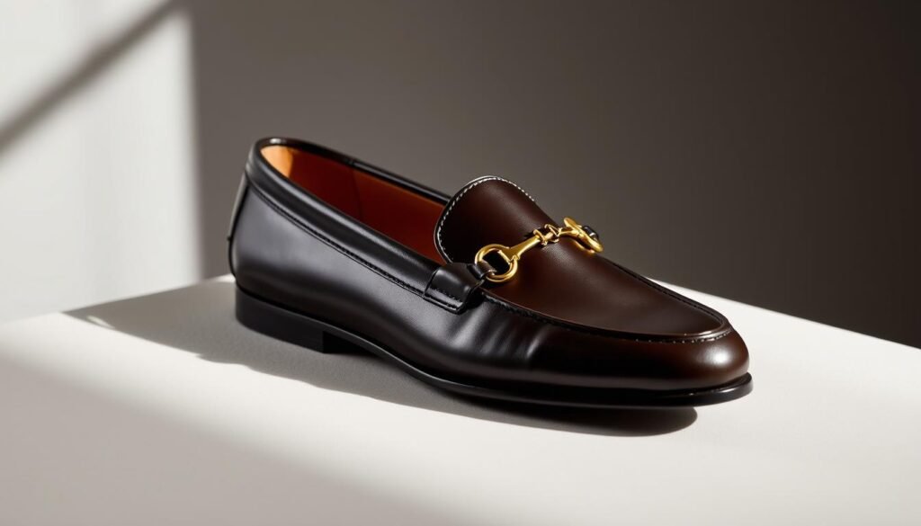 A stylish showcase of Gucci's iconic Princetown loafers, captured in a well-lit studio setting. The luxurious leather shoes take center stage, their gleaming hardware and signature horsebit detail exuding an air of sophistication. The loafers are artfully positioned on a clean, neutral-toned surface, allowing their sleek silhouette and rich textures to shine. Soft, directional lighting casts subtle shadows, accentuating the shoes' refined contours and meticulously crafted design. The background is subtly blurred, keeping the focus solely on the Princetown loafers and creating a sense of timeless elegance. This versatile footwear is showcased in a manner that evokes a feeling of effortless style, suitable for any season.