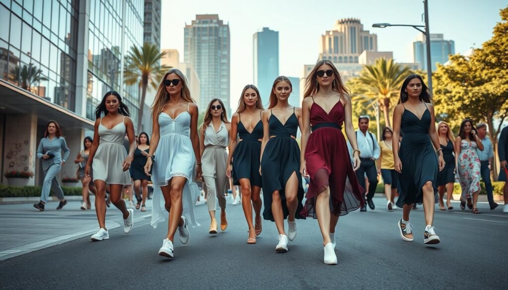 A stylish street scene featuring fashionable celebrities showcasing an array of trendy sneaker-dress pairings. In the foreground, a group of models confidently stride down the sidewalk, their sneakers complementing their chic, flowing dresses. The middle ground captures passersby, both elegant and casual, offering a diverse range of street style inspiration. In the background, a vibrant urban landscape sets the scene, with a mix of modern architecture and lush greenery. The lighting is soft and warm, creating a dreamy, aspirational atmosphere. The overall composition captures the effortless fusion of comfort and style, providing visual cues for readers to recreate these celebrity-inspired looks.