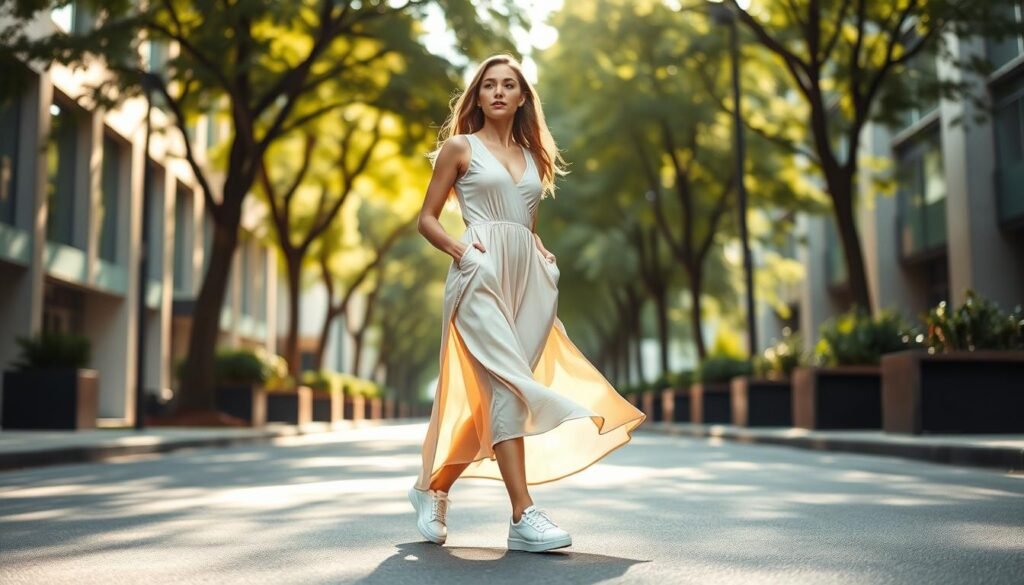 A stylish woman confidently strides through a city street, wearing a midi-length flowing dress in a soft pastel color. The dress cascades gracefully over her figure, complemented by a pair of sleek white sneakers that add a casual, sporty touch. The sunlight filters through the trees, casting a warm, ambient glow on the scene. The background features a blend of modern architecture and lush greenery, creating a harmonious and inviting atmosphere. The overall look exudes a effortless, chic vibe, showcasing the versatility of pairing midi and maxi dresses with sneakers.