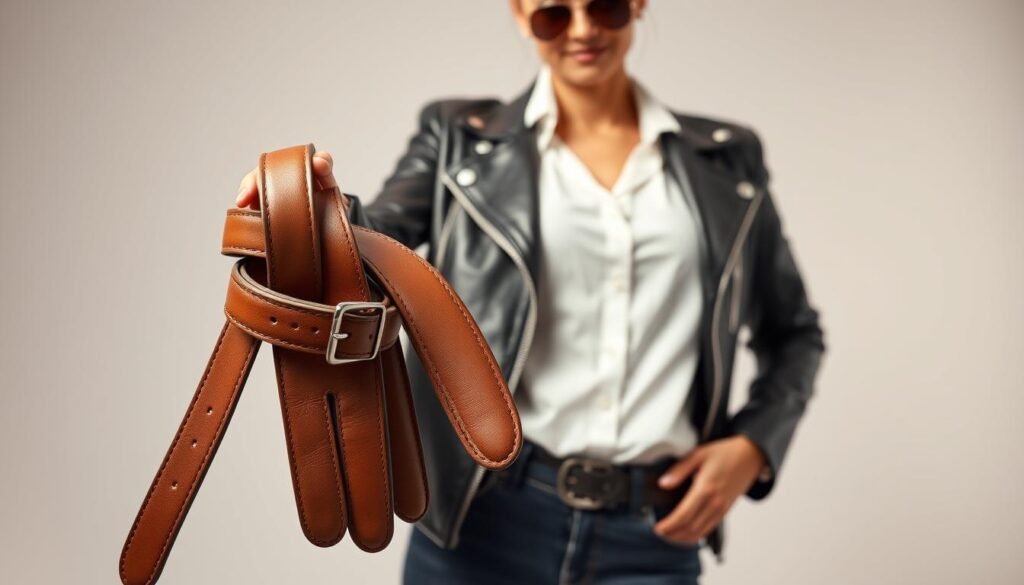 A stylish woman standing in a well-lit studio, showcasing an array of leather jacket accessories. In the foreground, a close-up of her hands holding a leather belt, a pair of leather gloves, and a pair of aviator sunglasses. In the middle ground, the woman is wearing a sleek, black leather jacket paired with a white blouse and dark-wash jeans. The background is a simple, neutral-toned backdrop, allowing the accessories and the jacket to take center stage. The lighting is soft and flattering, creating a high-fashion editorial feel. The composition is balanced, with the accessories and the model's pose drawing the viewer's eye to the key elements of the outfit.