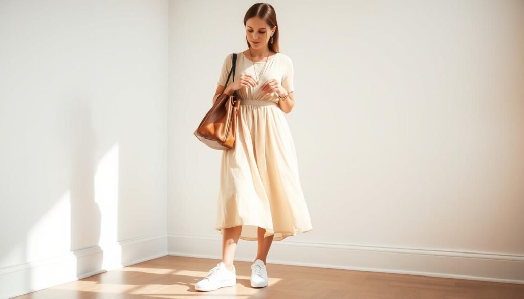 A stylish woman stands in a sunny, airy room, accessorizing a flowing midi dress with a pair of bright white sneakers. The dress, cinched at the waist, cascades softly around her legs. She holds a delicate gold necklace, considering how it might complement the casual-chic ensemble. Soft, directional lighting accentuates the textures of the fabrics and the woman's features. The background is minimalist, allowing the focus to remain on the fashion fusion of dress and sneakers. Carefully curated accessories, like a leather tote and dainty earrings, elevate the look, showcasing how to effortlessly blend formal and informal style elements.