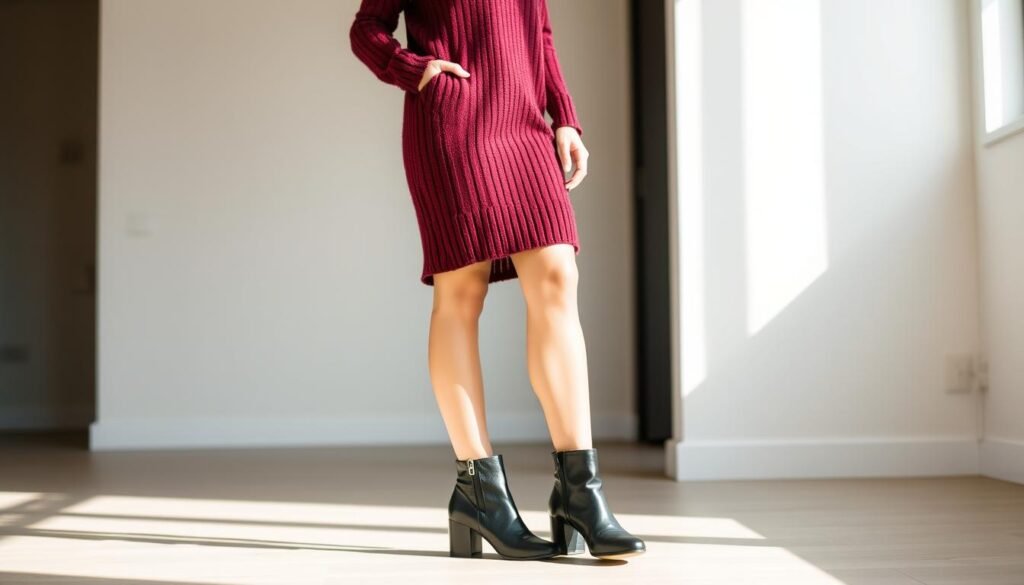 A stylish woman stands in a well-lit room, showcasing a cozy sweater dress in a rich burgundy hue. The dress falls gracefully to mid-thigh, accentuating her figure. She pairs the dress with a pair of black leather ankle boots with a subtle block heel, creating a chic and versatile look. The lighting casts a warm, natural glow, highlighting the textures of the knit fabric and smooth leather. The background features a minimalist interior design, with clean lines and neutral tones, allowing the outfit to take center stage. This ensemble embodies the perfect balance of comfort and sophistication, suitable for a variety of occasions.