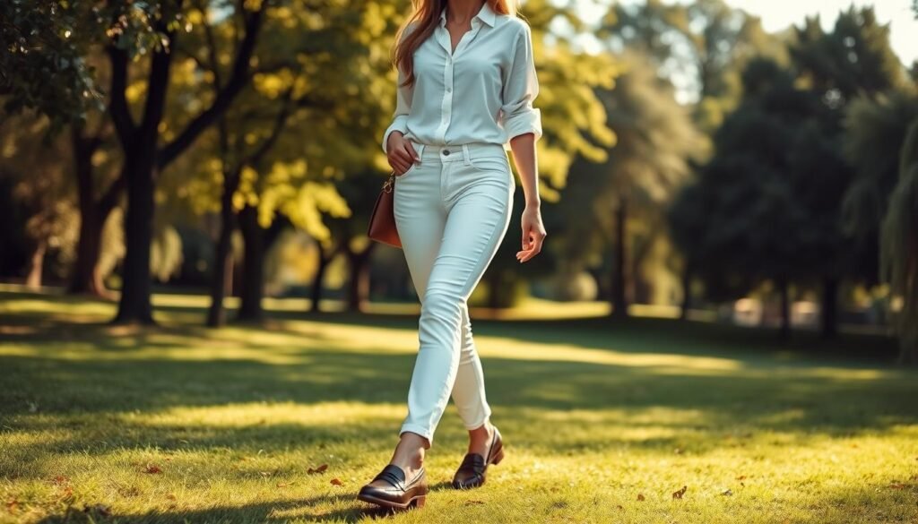 A stylish woman strolling through a sun-dappled park, dressed in a pair of crisp white jeans, a fitted blouse, and chic loafers. The mid-morning light casts warm shadows across her outfit, highlighting the clean lines and tailored silhouette. In the background, a lush, verdant landscape frames the scene, creating a serene and inviting atmosphere. The camera captures the model from a slightly elevated angle, emphasizing the effortless elegance of the white denim ensemble and the versatility of this timeless style. Soft, diffused lighting accentuates the texture of the fabric and the wearer's natural beauty, conveying a sense of timeless sophistication.