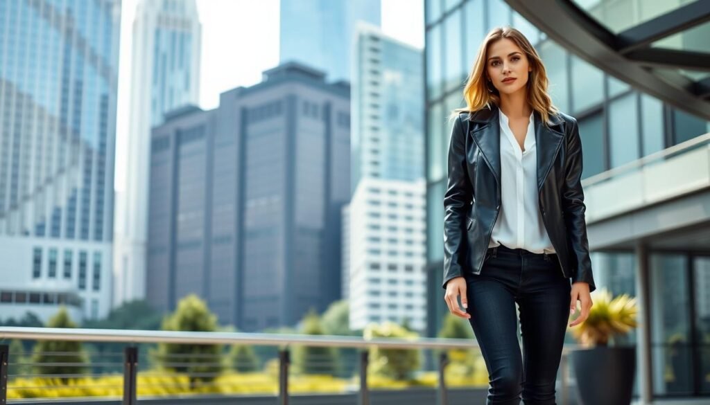 A stylish woman wearing a well-fitted black leather jacket, standing confidently in a chic urban setting. The jacket has a tailored silhouette with a slight sheen, accentuating her figure. She pairs it with a crisp white blouse, form-fitting dark denim, and sleek ankle boots. Soft, natural lighting illuminates the scene, casting gentle shadows that add depth and dimension. The background features a modern cityscape with towering skyscrapers and a hint of greenery, creating a sophisticated, fashion-forward atmosphere.