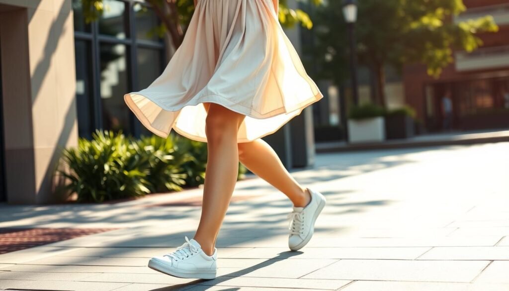 A stylish young woman casually strolling, wearing a flowing, mid-length sundress in a soft, pastel hue. Her feet are adorned with a pair of pristine, low-top white sneakers, creating an effortless, yet chic combination. The background is a sun-dappled city street, with a touch of greenery and modern architecture lending a sophisticated, urban ambiance. The lighting is natural and flattering, gently illuminating the scene with a warm, golden glow. The camera angle is slightly elevated, capturing the woman's confident, relaxed stride and the harmonious blend of her dress and sneakers. An atmosphere of casual elegance pervades the image, perfectly embodying the "effortless" theme.