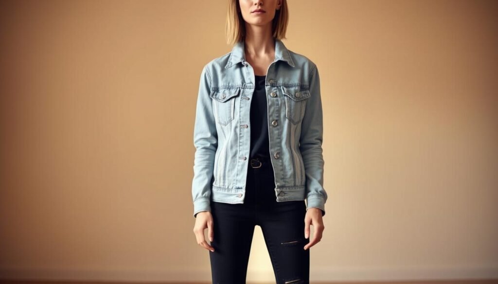 A stylishly dressed person standing in a well-lit room, wearing a soft, light-wash denim jacket with a classic collar and chest pockets, paired with a sleek, black pair of slim-fit jeans. The jeans have a slight distressed effect, adding a touch of edginess to the ensemble. The lighting is warm and flattering, highlighting the textures and details of the outfit. The background is minimalist, allowing the focus to remain on the central figure and the chic, versatile denim-on-denim styling.