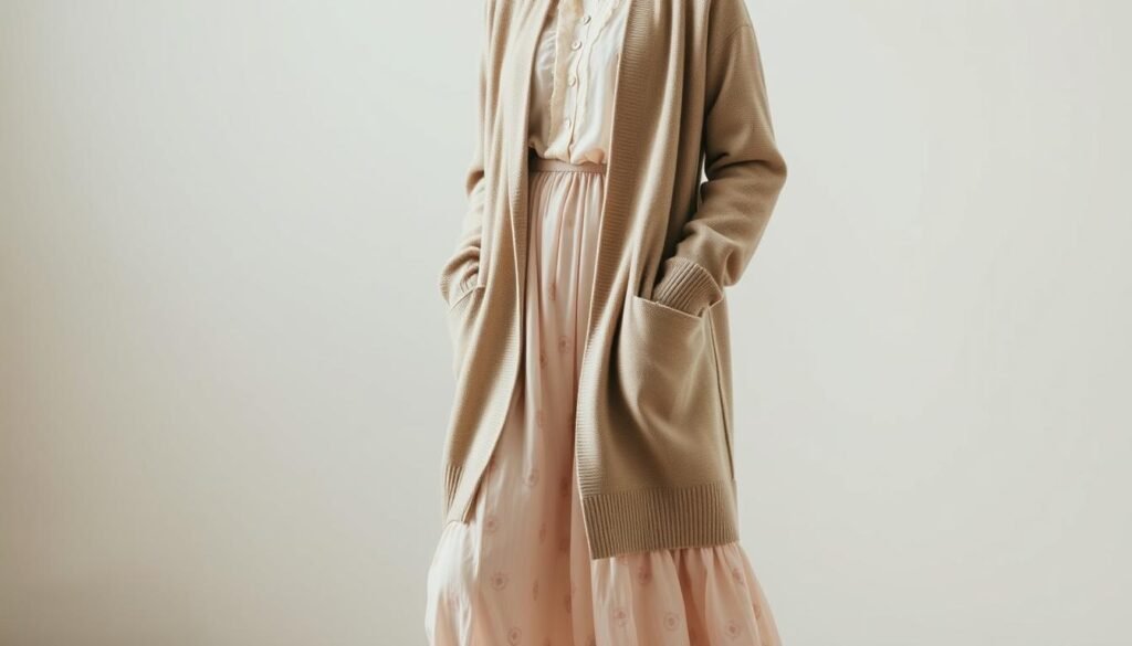 A stylishly long, oversized cardigan in a neutral tone drapes elegantly over a flowing, midi-length dress in a soft, pastel hue. The dress features a subtle floral pattern that adds visual interest. The ensemble is captured in soft, diffused lighting that casts gentle shadows, creating a warm, cozy atmosphere. The model's pose is relaxed, with their hands casually tucked into the cardigan pockets, conveying a sense of effortless sophistication. The background is blurred, placing the focus entirely on the tasteful layering of the long cardigan and dress.