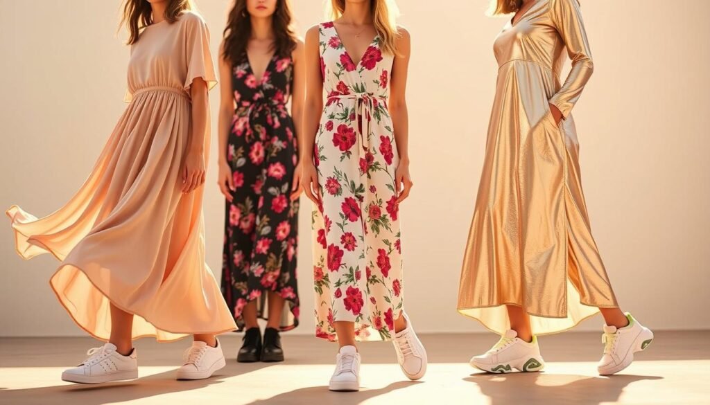 A stylized evolution of the maxi dress and sneaker trend, showcasing three distinct looks. In the foreground, a flowing, bohemian-inspired maxi dress in soft, earthy tones pairs with classic white low-top sneakers. In the middle ground, a more structured, modern maxi dress in a vibrant floral print is offset by sleek, minimalist black sneakers. In the background, a glam maxi dress in a shimmering metallic finish is complemented by chunky, sporty sneakers in an eye-catching neon colorway. The scene is bathed in a warm, golden light, creating a dreamlike, aspirational atmosphere that captures the versatility and timeless appeal of this enduring fashion fusion.