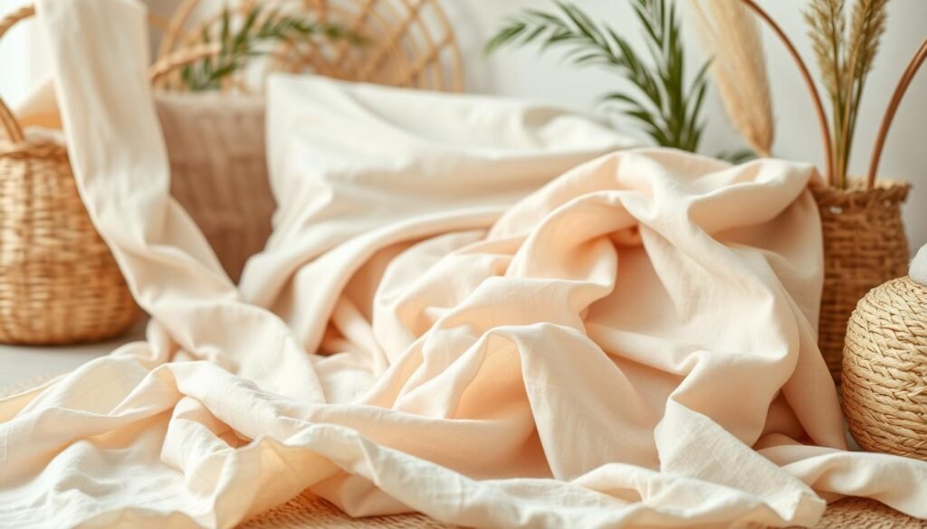 A sumptuous arrangement of breathable summer fabrics in soft, natural hues. In the foreground, delicate linen and airy cotton textures cascade, showcasing their lightweight, flowing qualities. The middle ground features a vibrant yet muted palette of washed silks and organic linens, draped elegantly. In the background, a softly blurred scene of woven rattan, jute, and bamboo elements creates a serene, earthy ambiance. The lighting is diffused and gentle, emphasizing the inherent beauty and tactile appeal of these premium, comfort-focused textiles. Captured with a shallow depth of field to draw the viewer's eye to the exquisite fabric details.