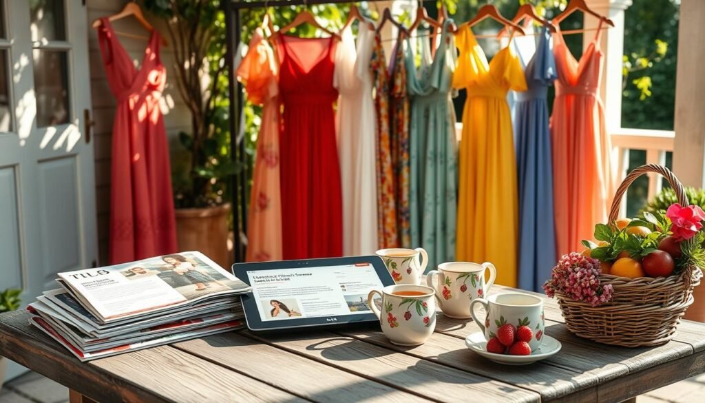 A sun-dappled patio with a rustic wooden table, scattered with stacks of glossy fashion magazines and a tablet displaying customer reviews of summer dresses. Colorful chiffon gowns and breezy sundresses in vibrant hues hang on a clothing rack, their soft fabrics billowing in a gentle breeze. Meticulously crafted ceramic mugs of herbal tea and a basket of fresh summer berries complete the serene outdoor setting, conveying a sense of relaxation and an appreciation for the season's fashion trends. Soft, warm lighting illuminates the scene, creating a welcoming and inviting atmosphere.
