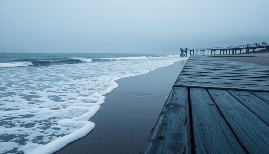 A tranquil winter beach scene, the shoreline shrouded in a moody palette of blues, grays, and soft whites. In the foreground, waves crash gently against the shore, their foam tinged with hues of lavender and seafoam. The middle ground features a weathered wooden pier, its planks reflecting the muted tones of the overcast sky. In the distance, a faint outline of snow-capped mountains rises against the horizon, adding depth and dimension to the serene landscape. The overall atmosphere is one of quiet contemplation, a serene interplay of light and shadow that captures the essence of a moody, coastal winter.
