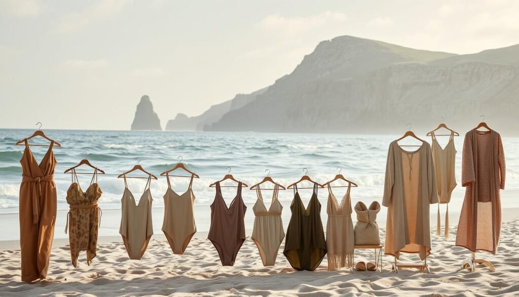 A tranquil winter beach scene with an eco-friendly beachwear display in the foreground. A group of sustainable swimsuits, cover-ups, and accessories in earthy tones and natural textures like organic cotton, linen, and bamboo. The middle ground features a serene seascape with gentle waves lapping at the shore, while the background depicts a rugged, windswept coastline with towering cliffs. Soft, diffused natural lighting bathes the entire scene, creating a calming and inviting atmosphere. The overall impression conveys a commitment to environmental responsibility and a harmonious integration of fashion and nature.
