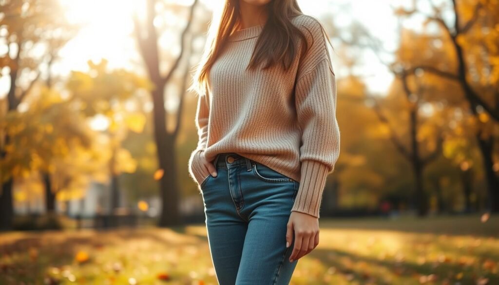 A transitional fall outfit on a young woman standing in a sunlit park, surrounded by falling leaves and softly blurred autumn foliage. She wears a light sweater in a warm beige tone, paired with blue denim jeans and simple white sneakers. The lighting is soft and diffused, with a golden-hour glow. The camera angle is slightly angled, capturing her from the waist up, creating a sense of casual, natural elegance. The overall mood is one of easy, comfortable style that bridges the gap between summer and fall.