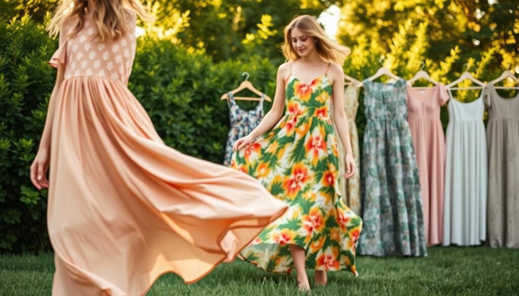 A vibrant and eco-friendly summer dress collection, thoughtfully designed with natural fabrics and sustainable methods. In the foreground, a flowing, midi-length dress in a soft, earthy tone billows gently in a light breeze, its delicate floral pattern complementing the lush, verdant greenery of the background. In the middle ground, a knee-length dress in a bold, tropical print sways gracefully, its vibrant colors and breezy silhouette evoking a sense of carefree summer days. The background showcases a diverse array of dresses, each showcasing a unique blend of style and environmental consciousness, from a maxi dress in a soothing pastel hue to a sleeveless shift dress in a recycled, textured material. The scene is illuminated by warm, golden sunlight, casting a serene and inviting atmosphere.